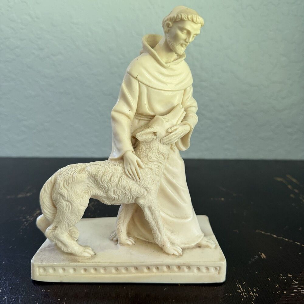 St Francis Of Assisi Wolf Of Gubbio Statue Vintage Made in Italy Cream Resin 9”